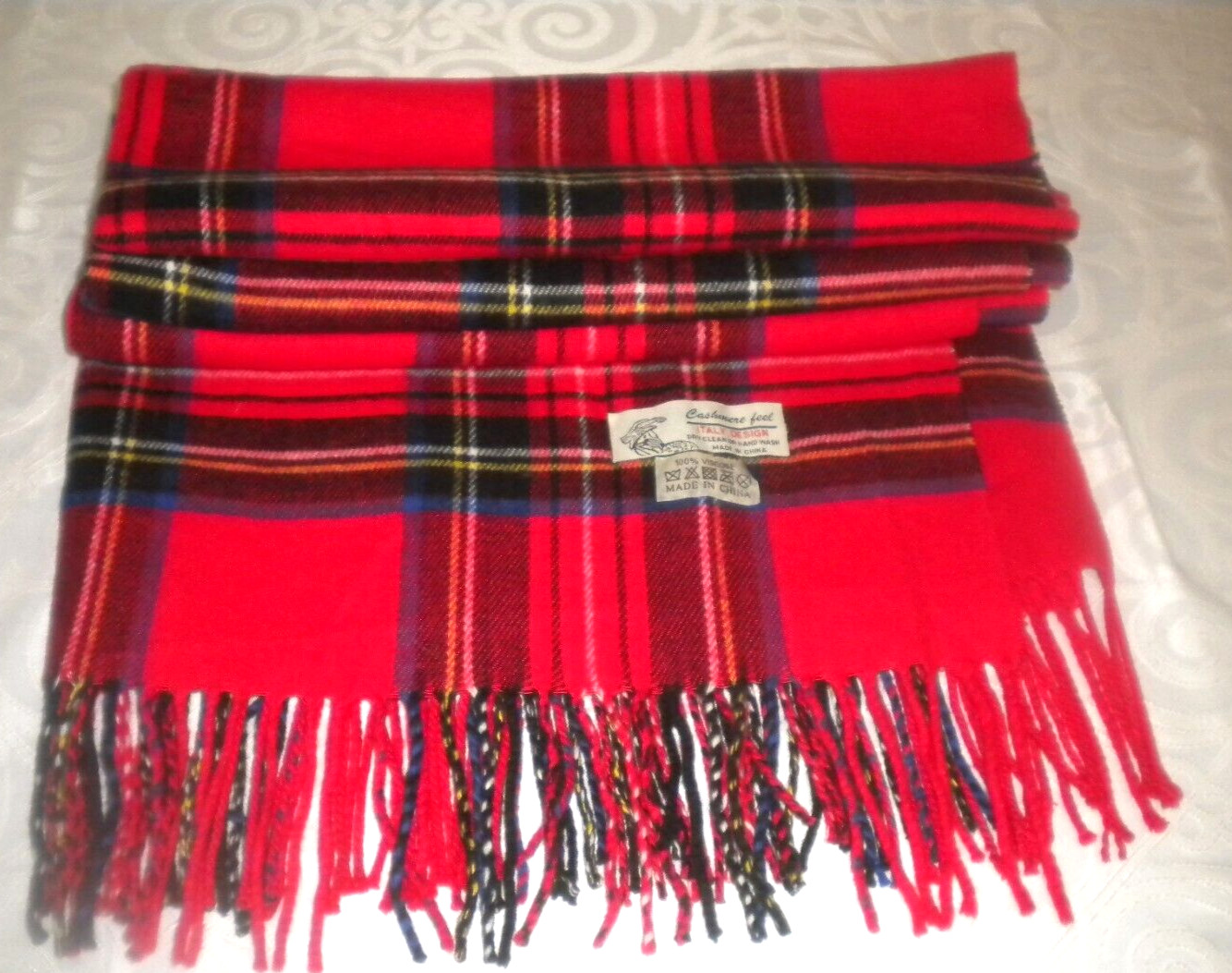 OVERSIZED ROYAL STEWART RED PLAID SCARF 30″ W 70″ L CASHMERE FEEL BOX26