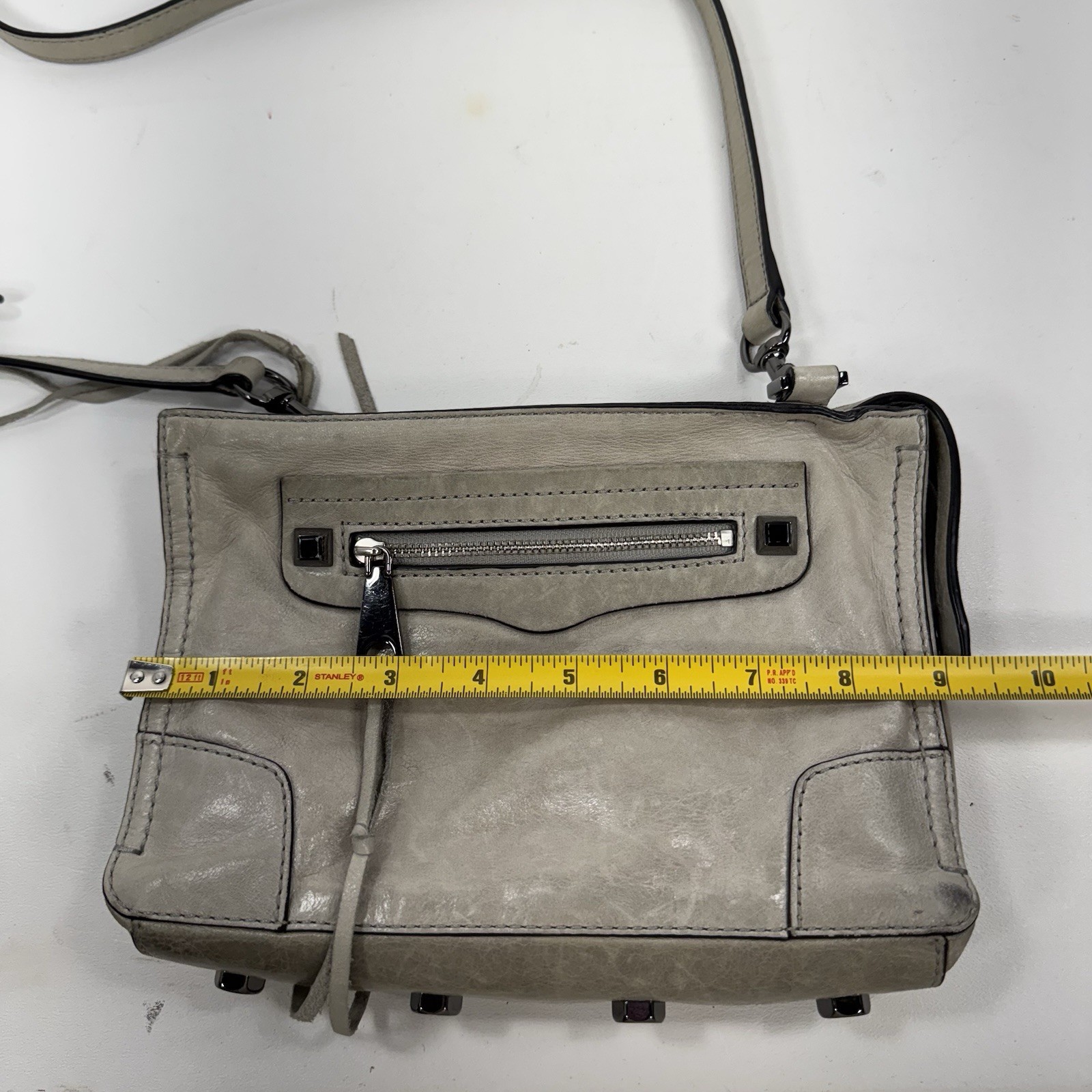 Rebecca Minkoff Gray Leather Mini Zip Top Crossbody Purse Bag w/ Bottom Studs
