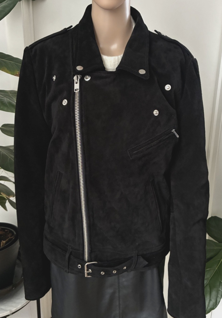 Rolla’s Black Suede Leather Moto Biker Jacket Size L Belted YKK Zip Lined