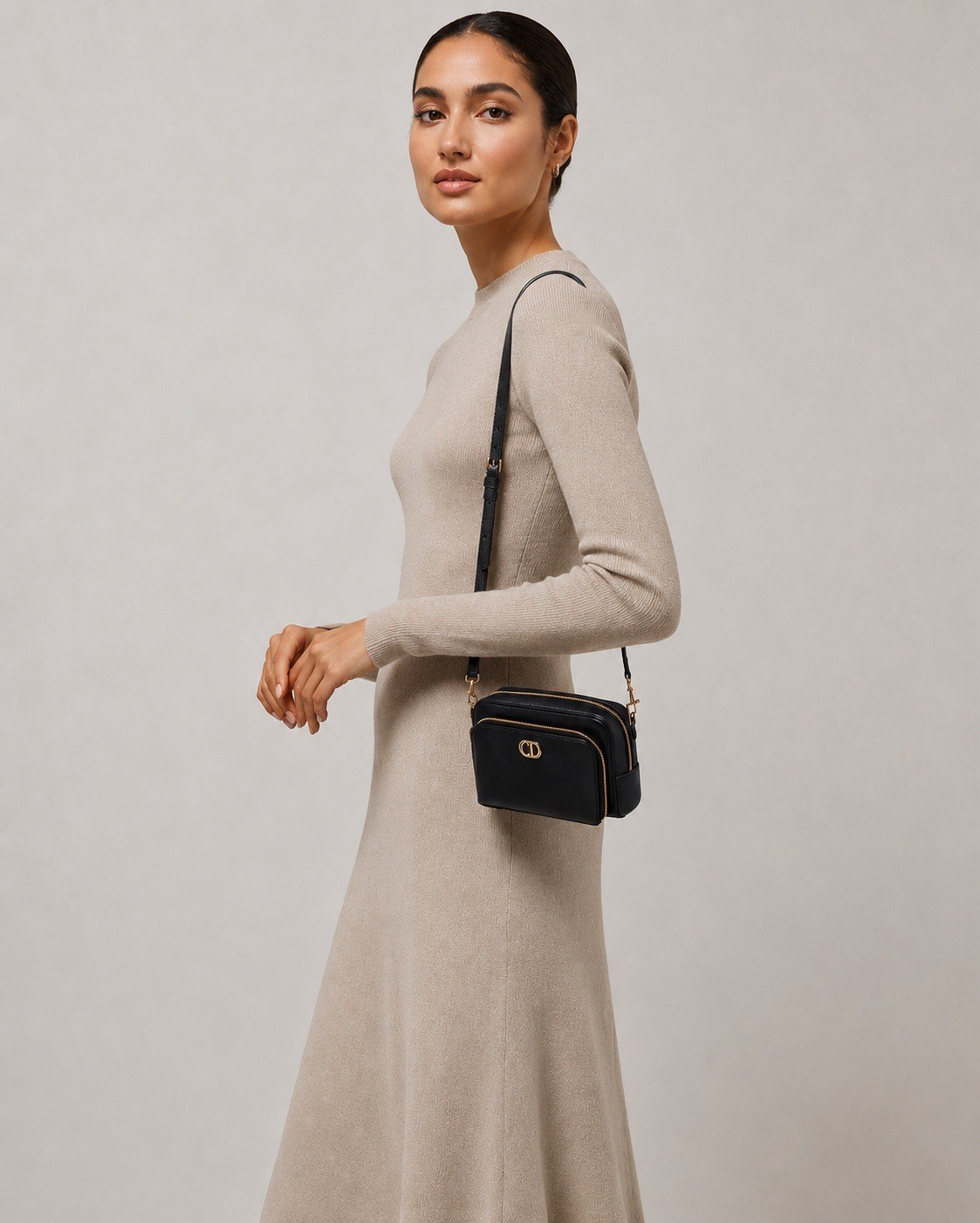 CHRISTIAN DIOR Grained Calfskin Caro Double Pouch Black
