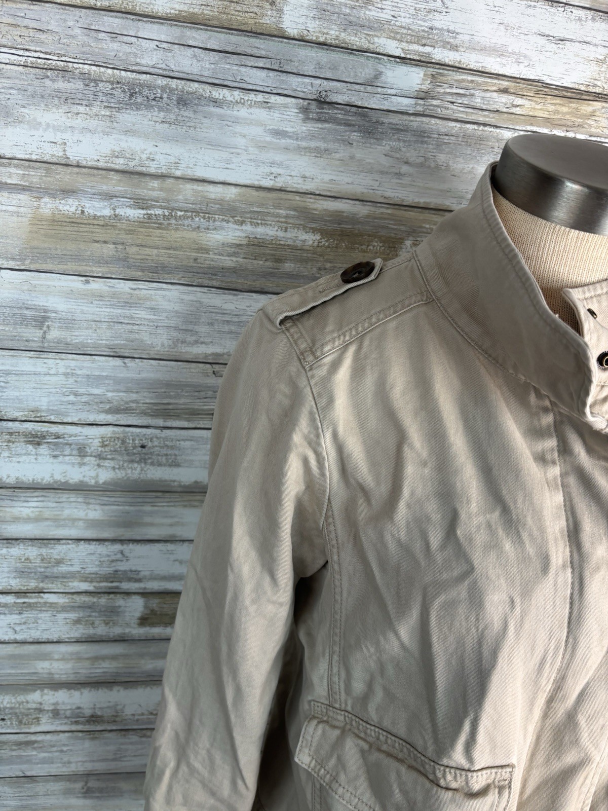 Talbots Refined Twill Utility Jacket Beige Petite M Military Safari Style Cotton