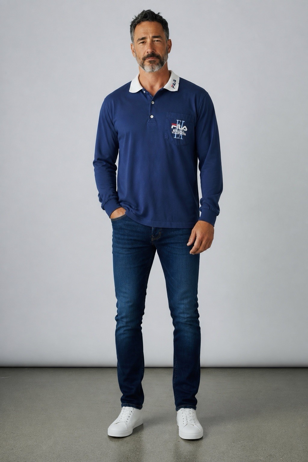 FILA Men’s Blue Long Sleeve Polo Shirt White Collar Chest Pocket Logo Size L
