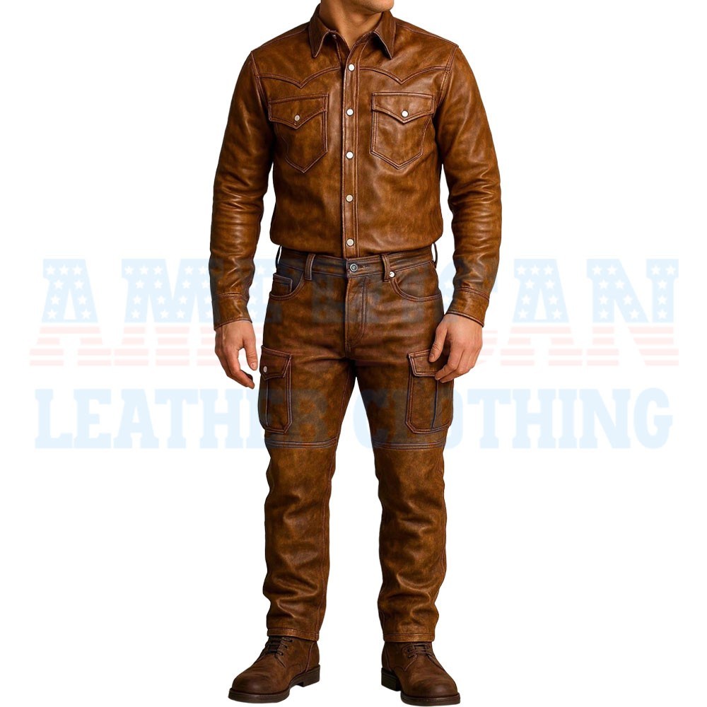 Handmade Men Brown Genuine Leather Shirt and Cargo Pants Set Western Style Two
