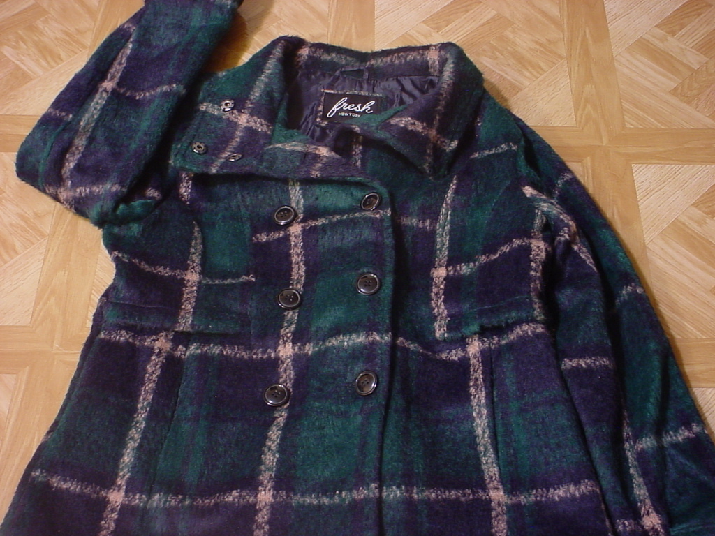 Fresh New York Women’s Double Breasted Green/Navy Blue Plaid Faux Wool Peacoat L