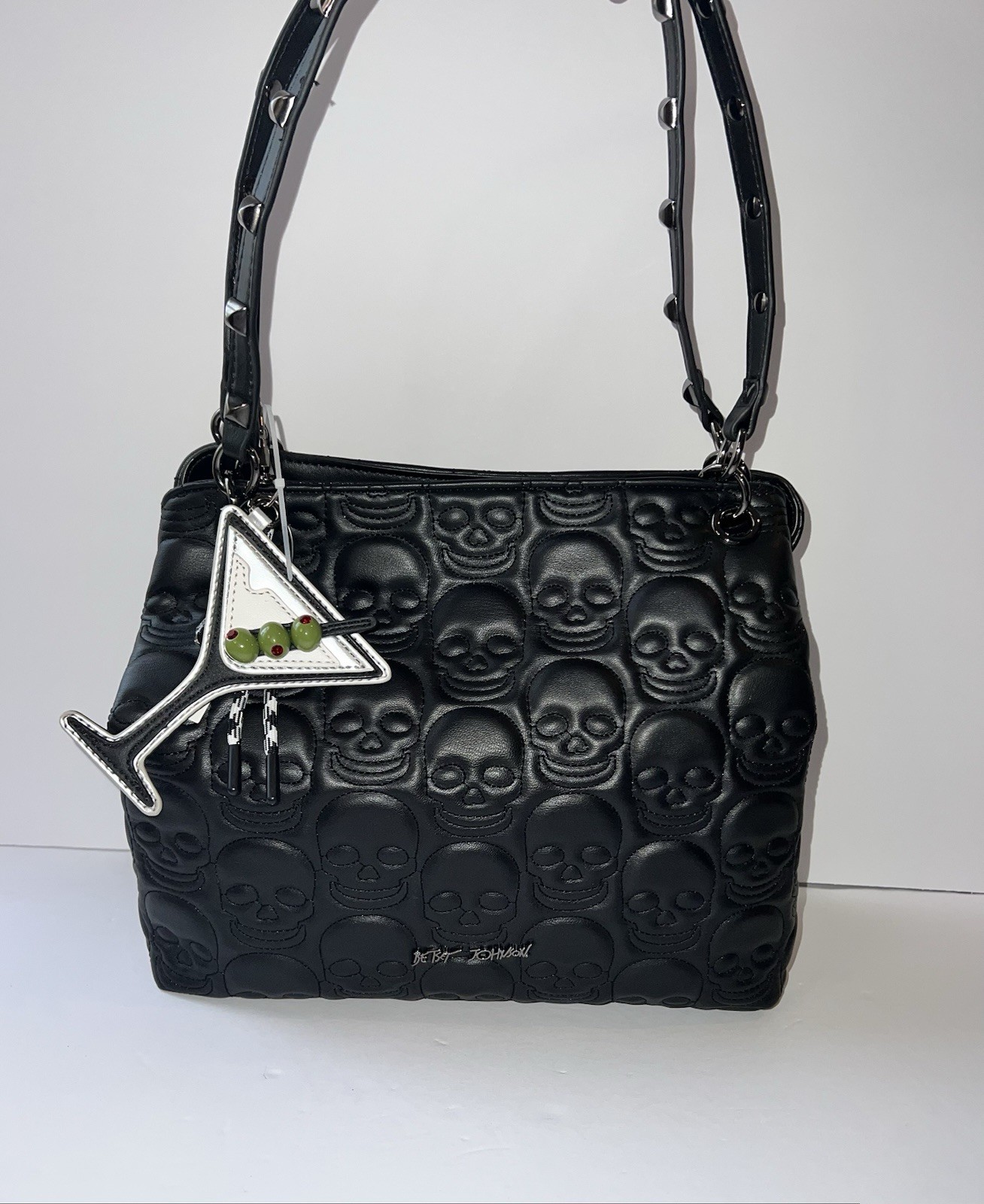 Betsey Johnson Black Skull Embossed Martini Studded Tote Bag New