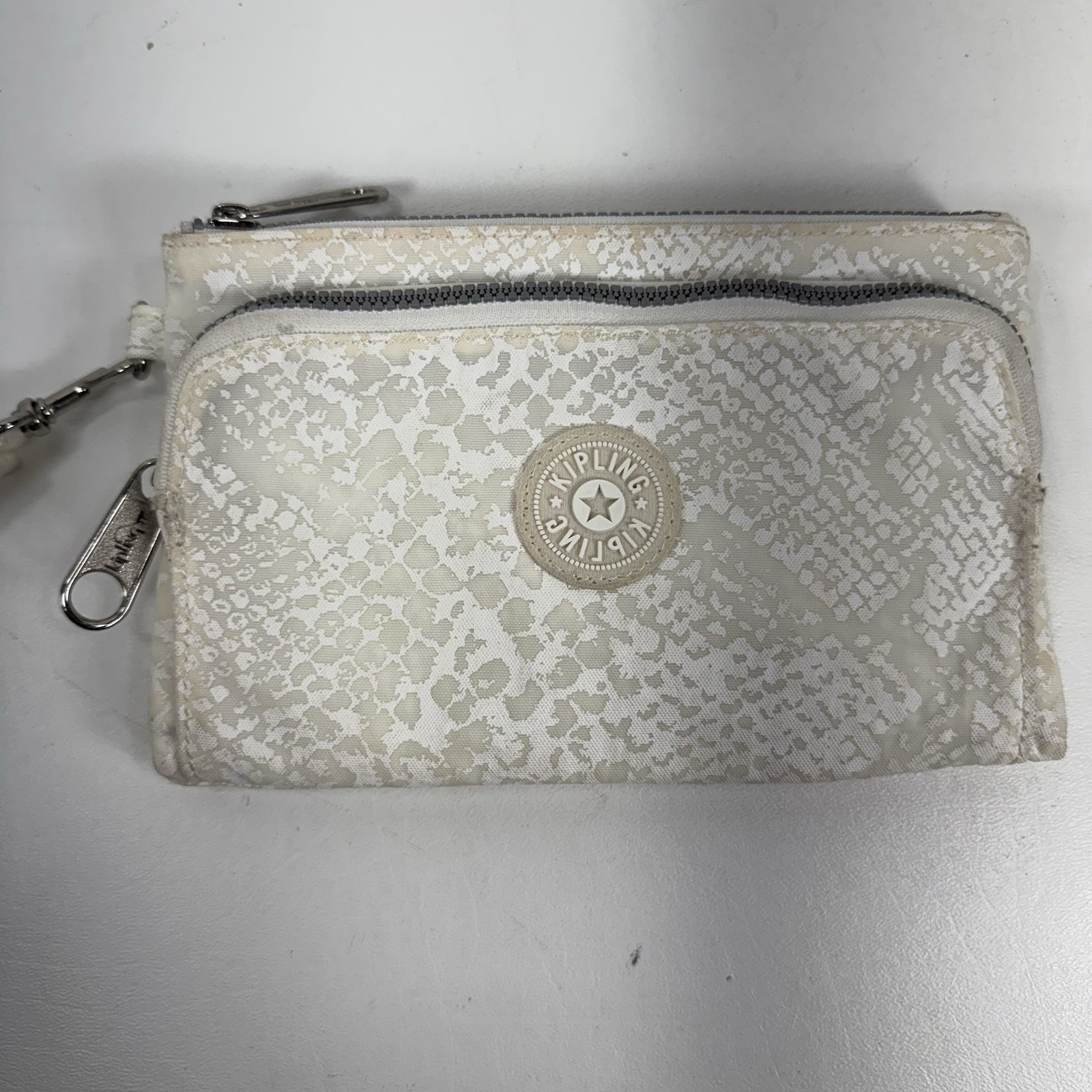 Kipling White & Gray Snakeskin Print Canvas Zipper Wristlet Pouch Front Pocket