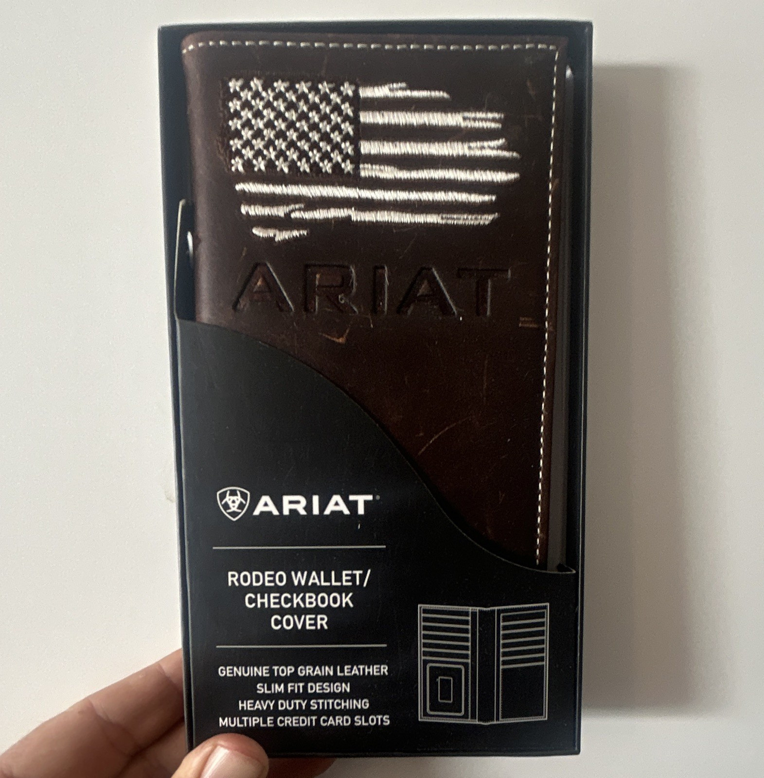 Ariat Men’s Brown USA Flag Rodeo Wallet Checkbook Cover, Folding Credit Card