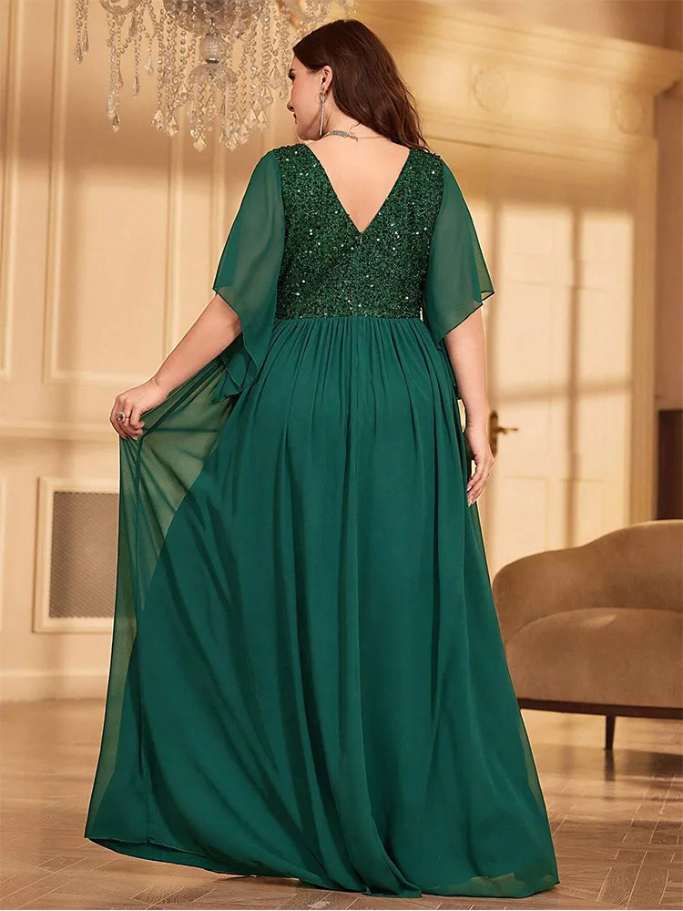 Luxury Plus Size Chiffon V-Neck Sequined Evening Dresses Big Size Floor-Length