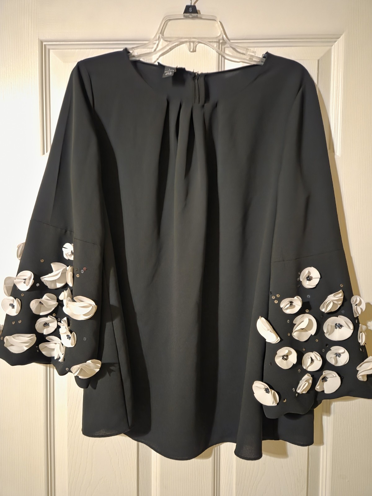 Alfani Womens Black L Blouse 3/4 Sleeve Beaded Sequin Round Neck Zip