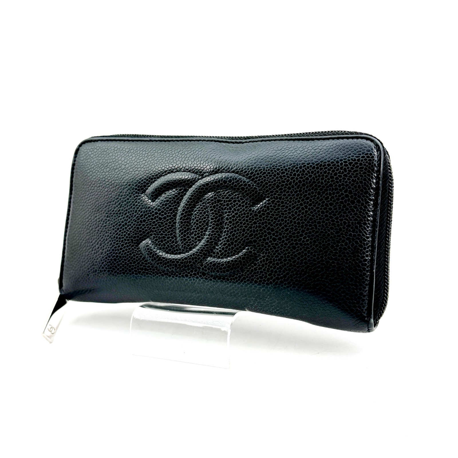 CHANEL Black Caviar Skin Leather Zip Around Wallet COCO Mark Authentic