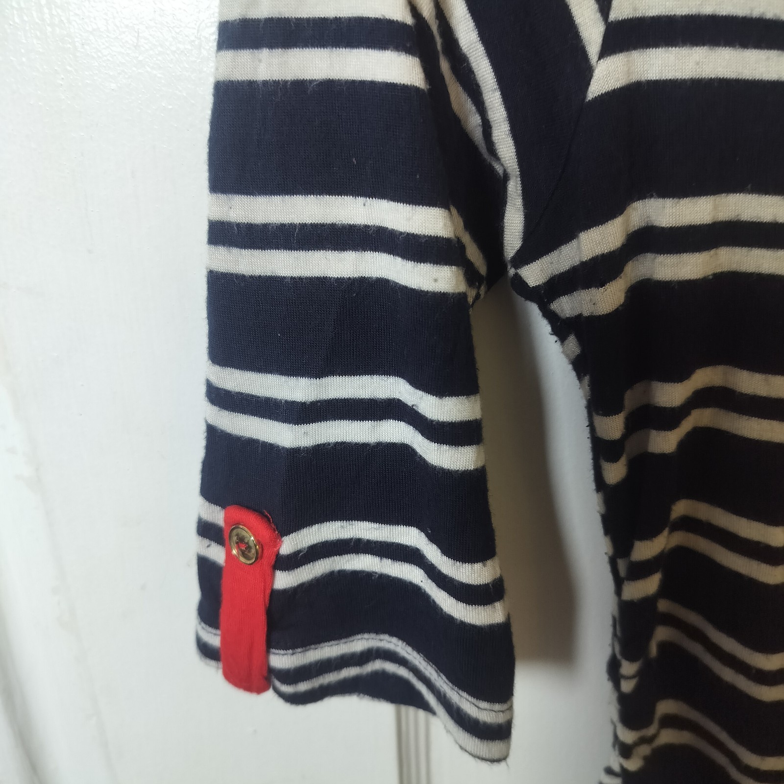 CELINE BY CHAMPION NAVY WHITE STRIPED BOAT NECK TOP RED TRIM BUTTON 3/4 SLEEVE