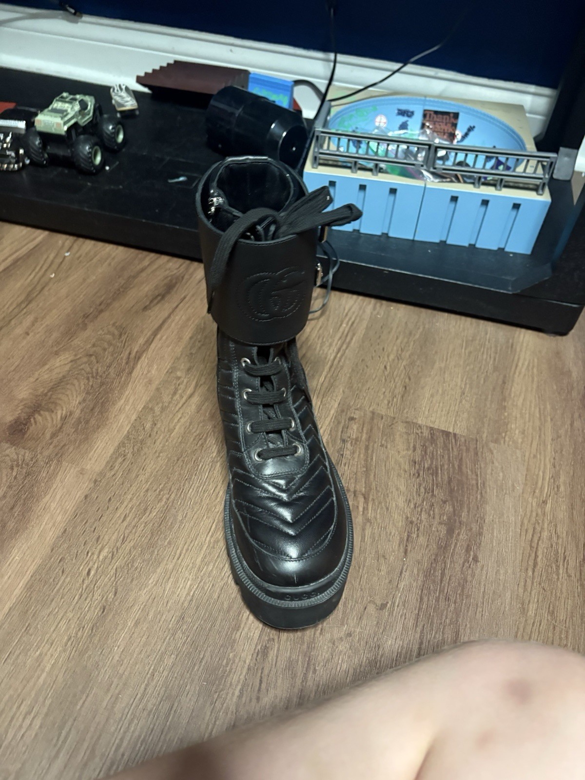 Gucci Men’s Black Bullhide Leather Combat Boots Lace-Up Buckle Lug Sole