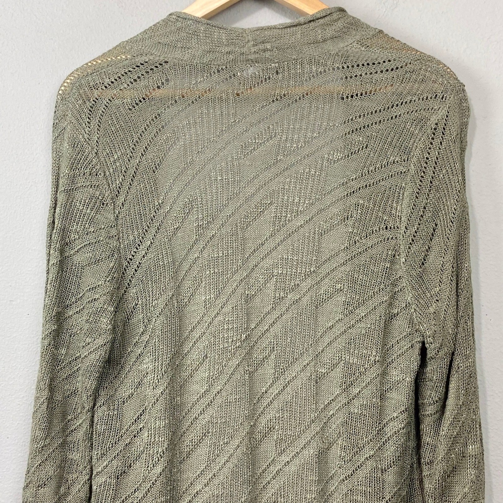 Chico’s Open Front Cardigan Sweater Women Sz L Olive Green Pointelle Linen Blend