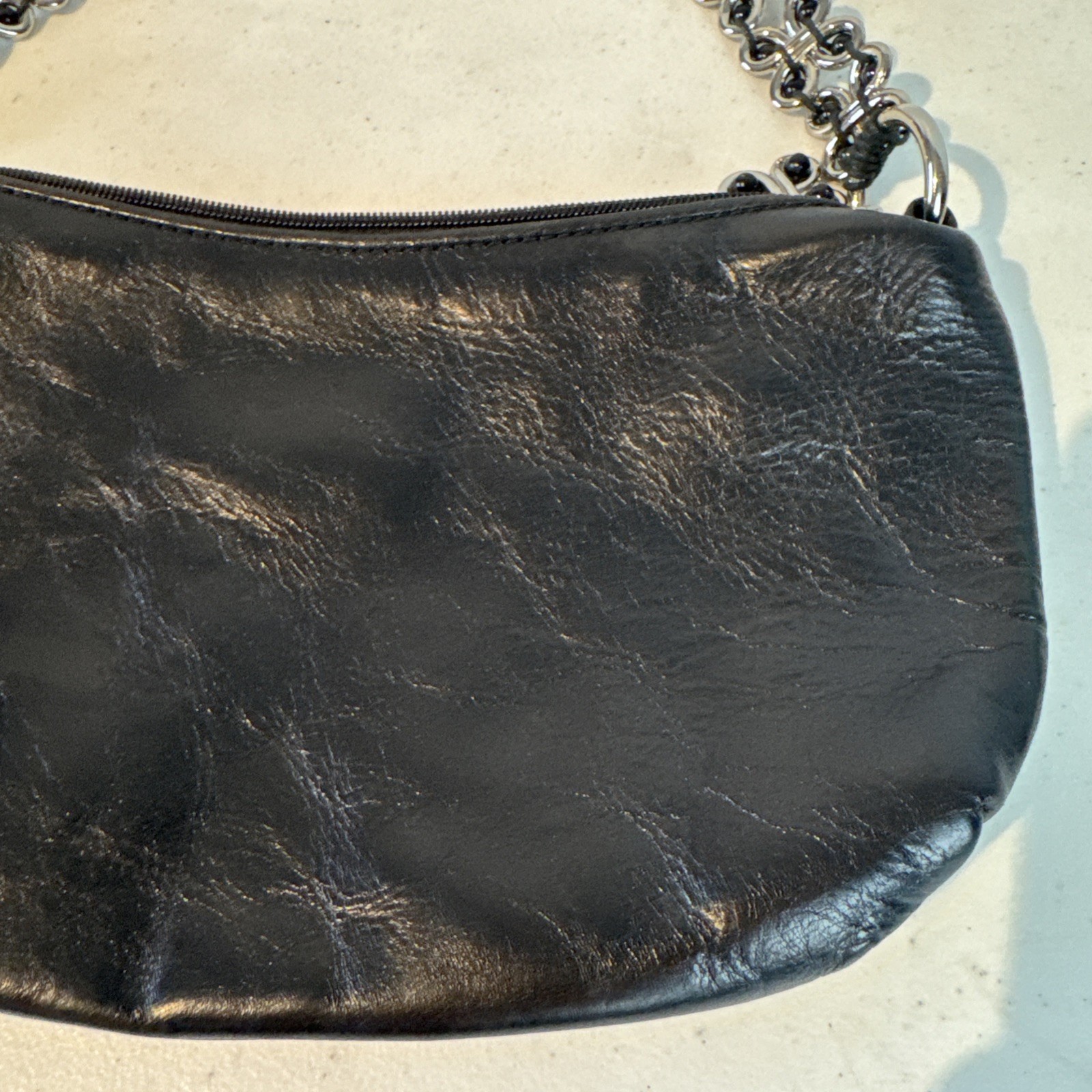 Elliott Lucca Black Leather Hobo Handbag Silver Tone Chain Strap Zipper