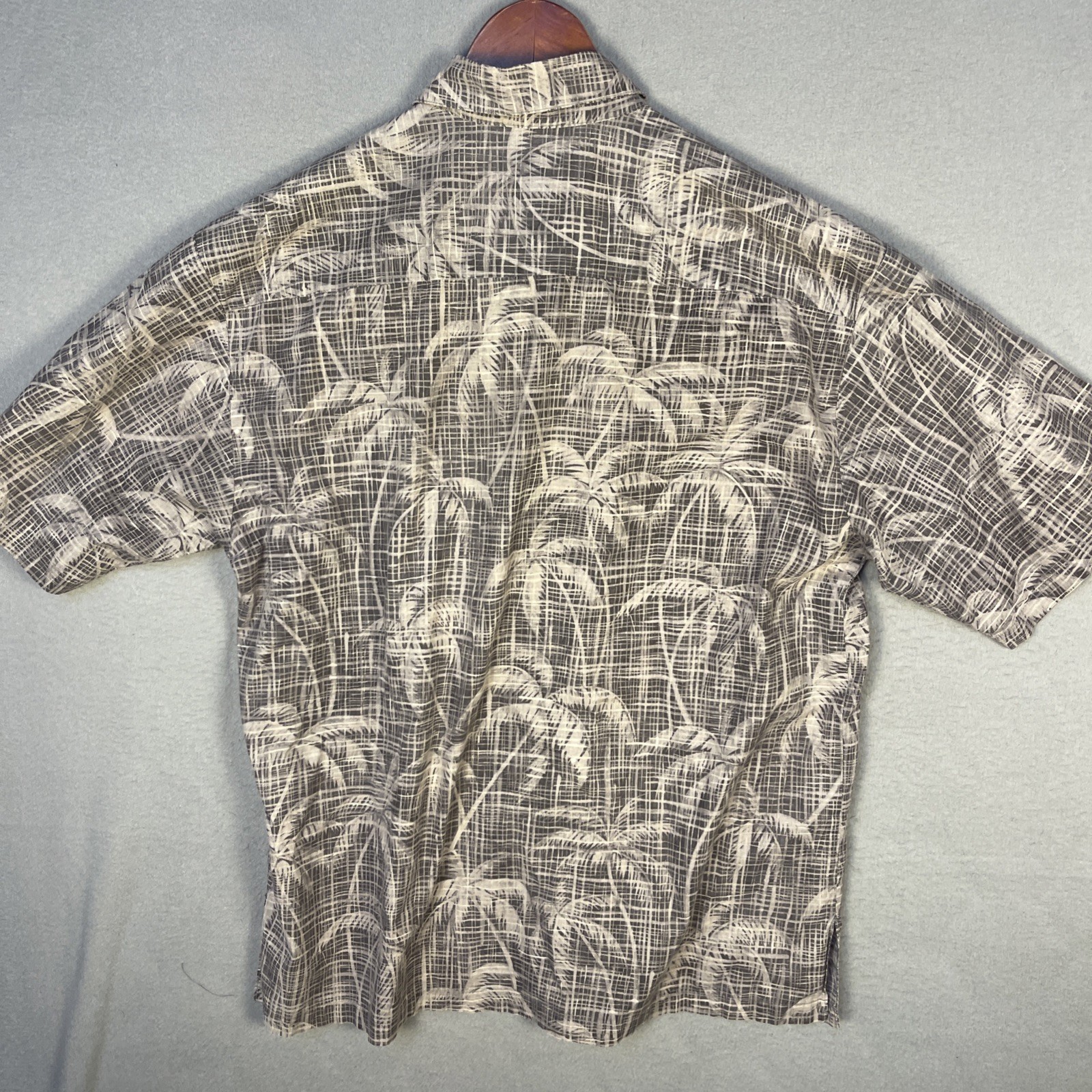 Tori Richard Shirt ens L Grey Palm Grid Cotton Lawn Aloha Hawaiian Made in USA