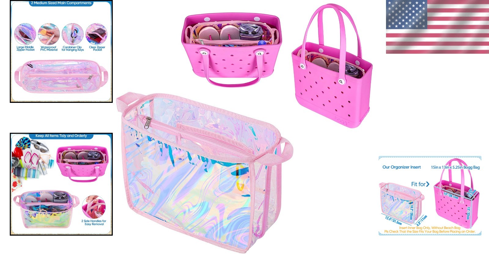 Iridescent Waterproof Beach Bag Organizer Insert for Bogg Bag – Pink 12.4×10.2in
