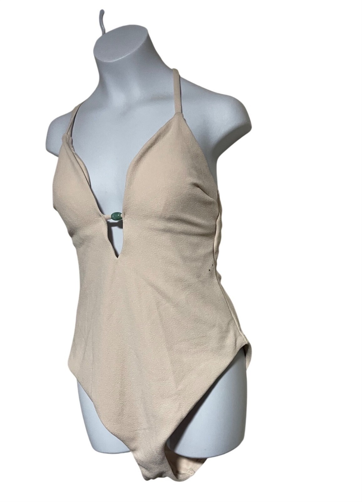 Shade & Shore Beige One Piece Swimsuit Jade Bead Accent Crisscross Back Medium