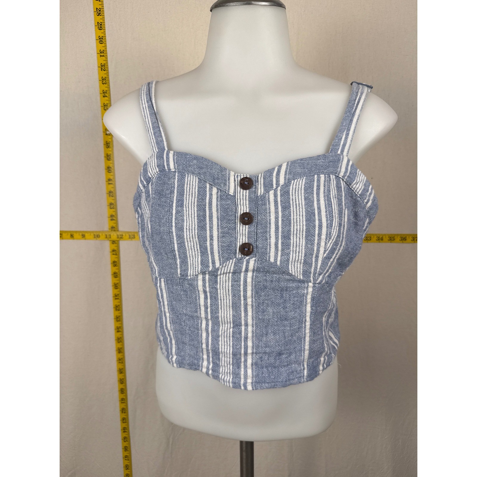 Milkmaid Style Camisole Top Womens L Blue Stripe Linen Blend Smocked Crop Tank