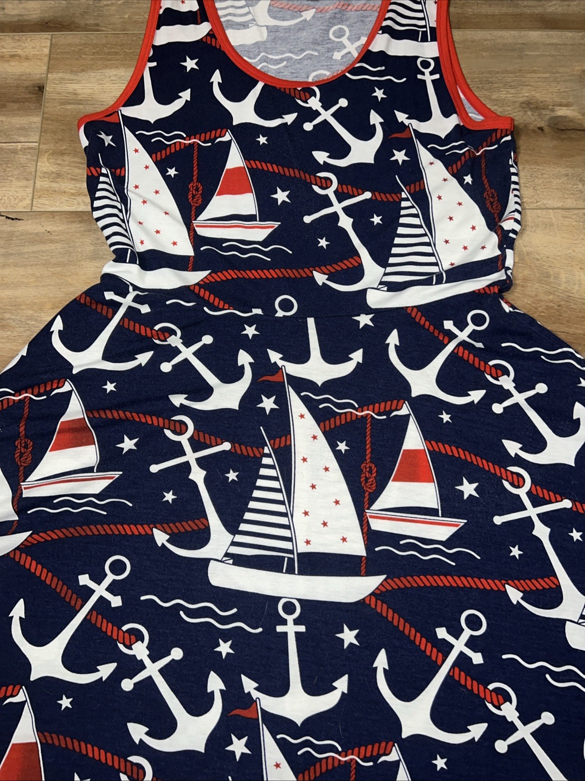 XL 18/20 16 LuLaRoe Nicki Dress Pockets Sleeveless Red/white/blue Anchor Sails