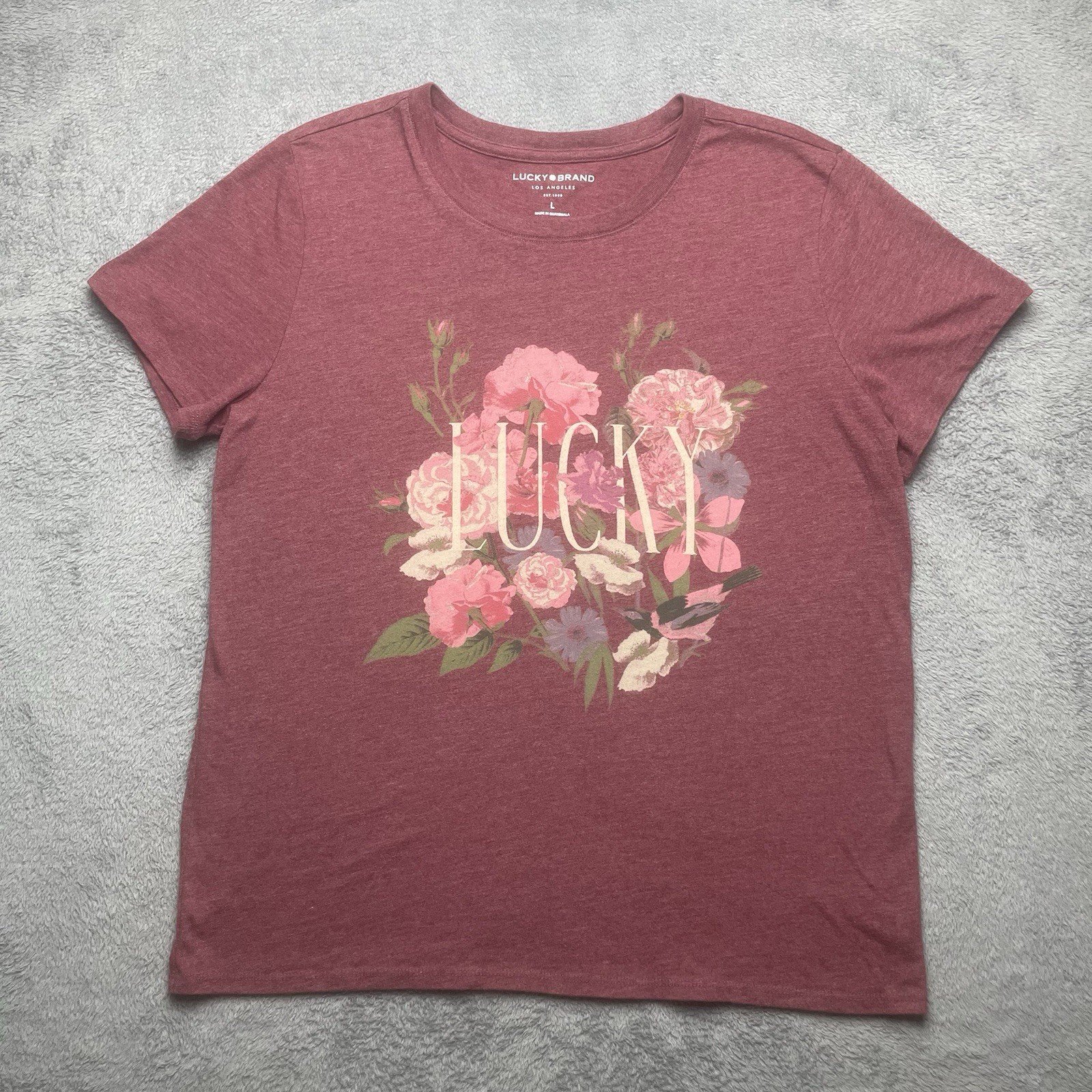 Lucky Brand Tshirt Women’s Size Large Maroon Red Heather Flowers Graphic Tee