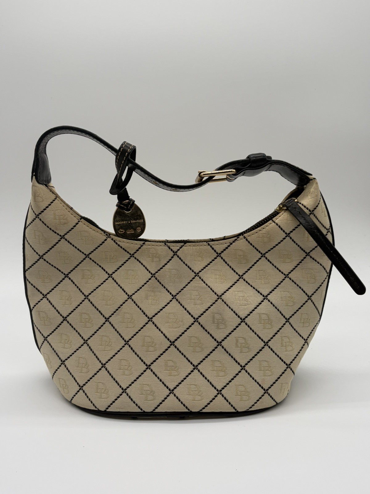 VTG Dooney & Bourke Cream Canvas Small Signature Hobo Shoulder Bucket Bag