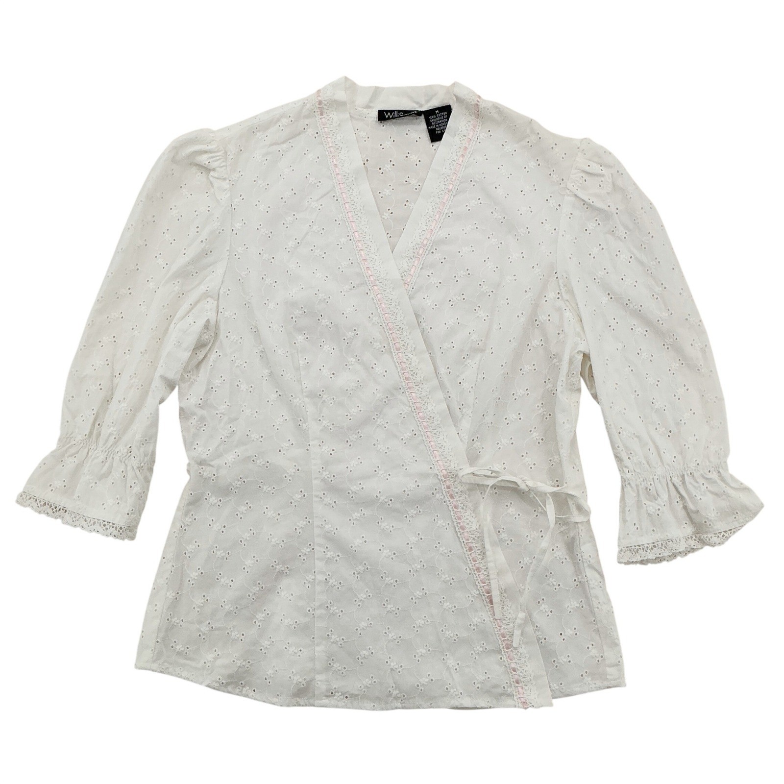 Womens 80s Pink Ribbon Lace Eyelet Wrap Top M White Ruffle Cottagecore Romantic