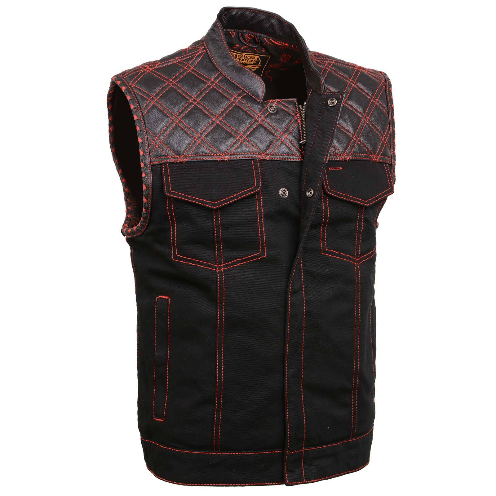 Milwaukee Leather 3036 Men’s Wrecker Denim &Leather Club Style Vest w/ Diamond