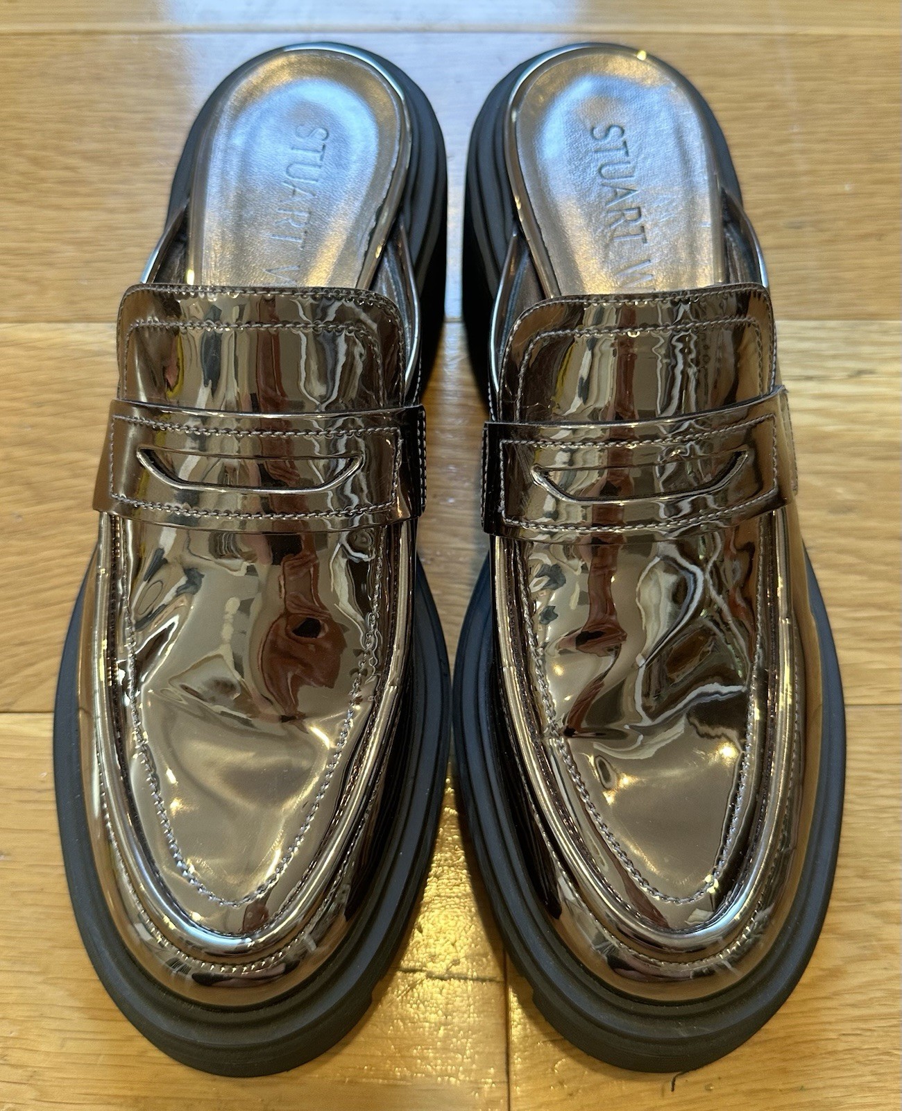 Stuart Weitzman Soho Platform Loafer Mules Mirror Metallic Pewter Lug Sole