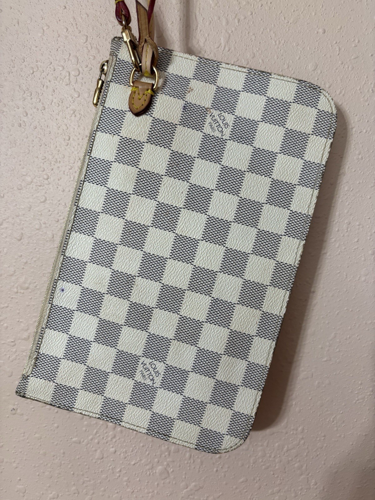 Louis Vuitton Damier Azur Zip Wristlet Pouch White/Blue Brown Strap Gold