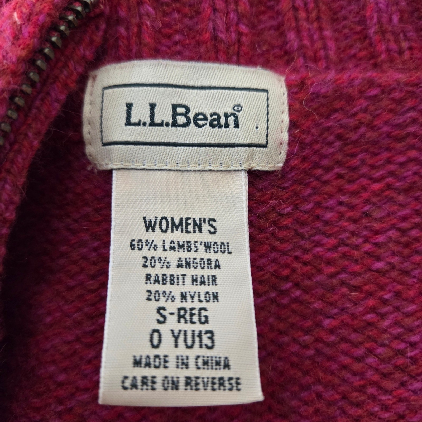 LL Bean Womens Magenta Pink Lambswool Angora Zip Up Mock Neck Sweater S-REG