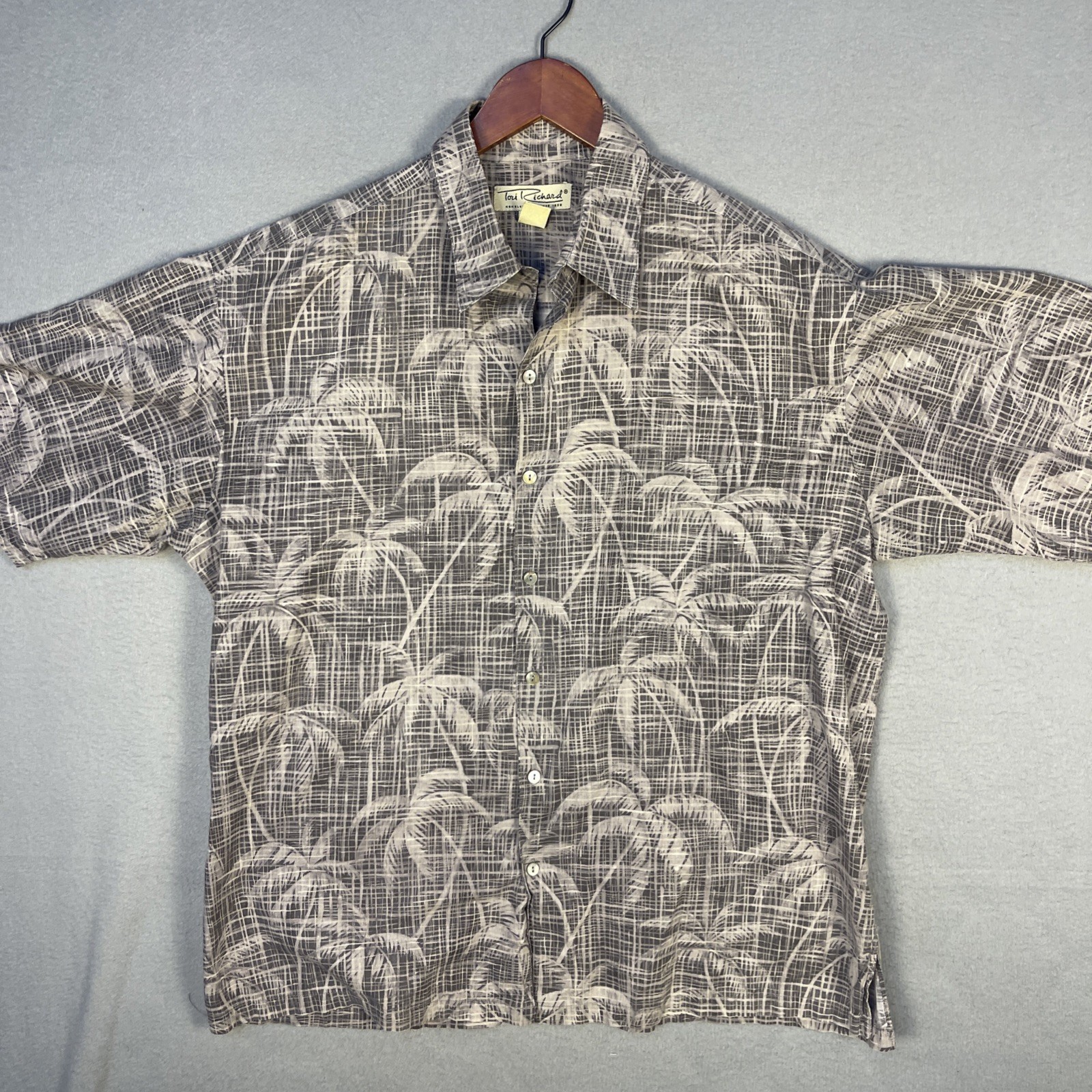 Tori Richard Shirt ens L Grey Palm Grid Cotton Lawn Aloha Hawaiian Made in USA