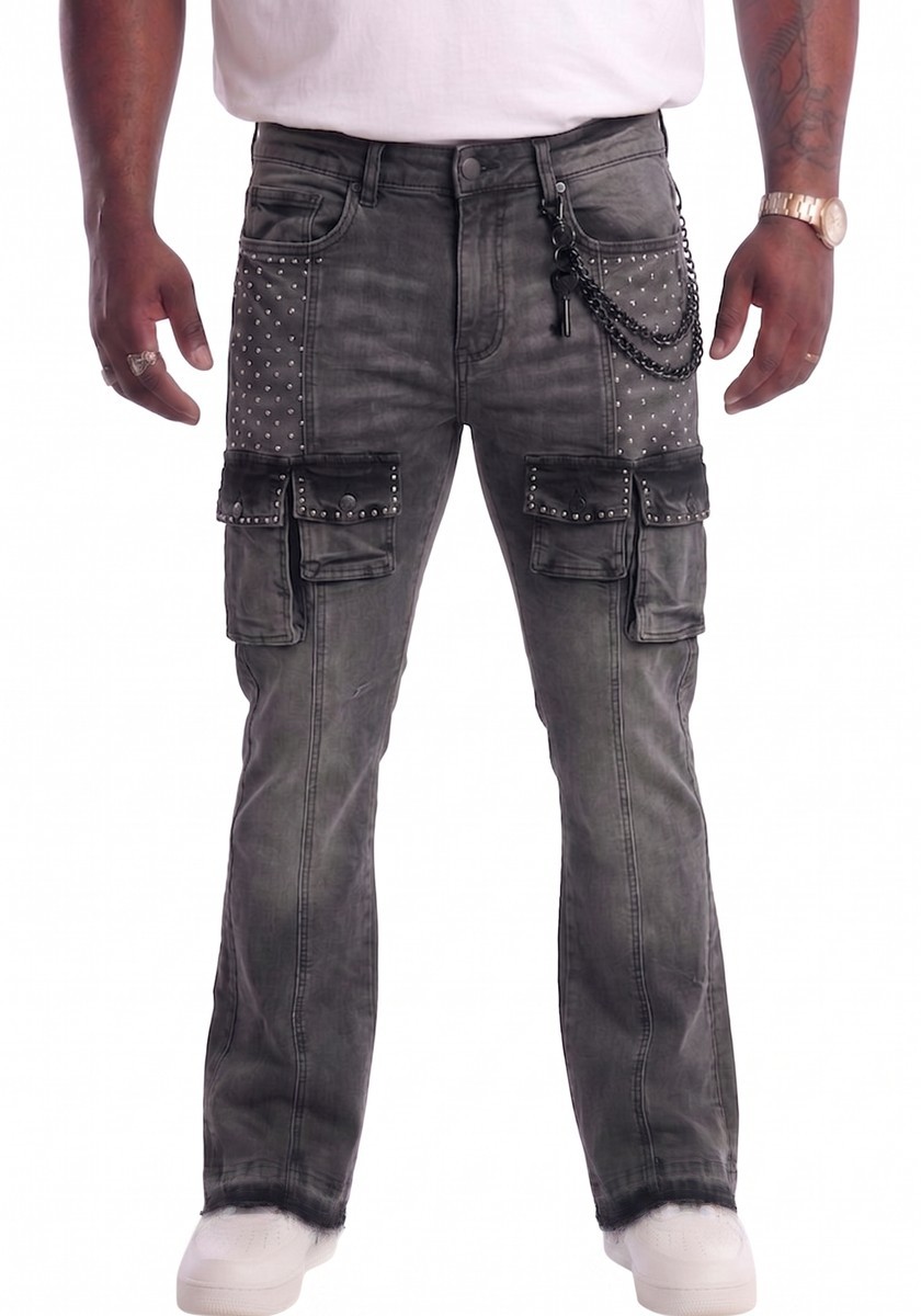 Black Light Men’s Big & Tall Grey Patchwork Distressed Flare Fit Jeans 44-50