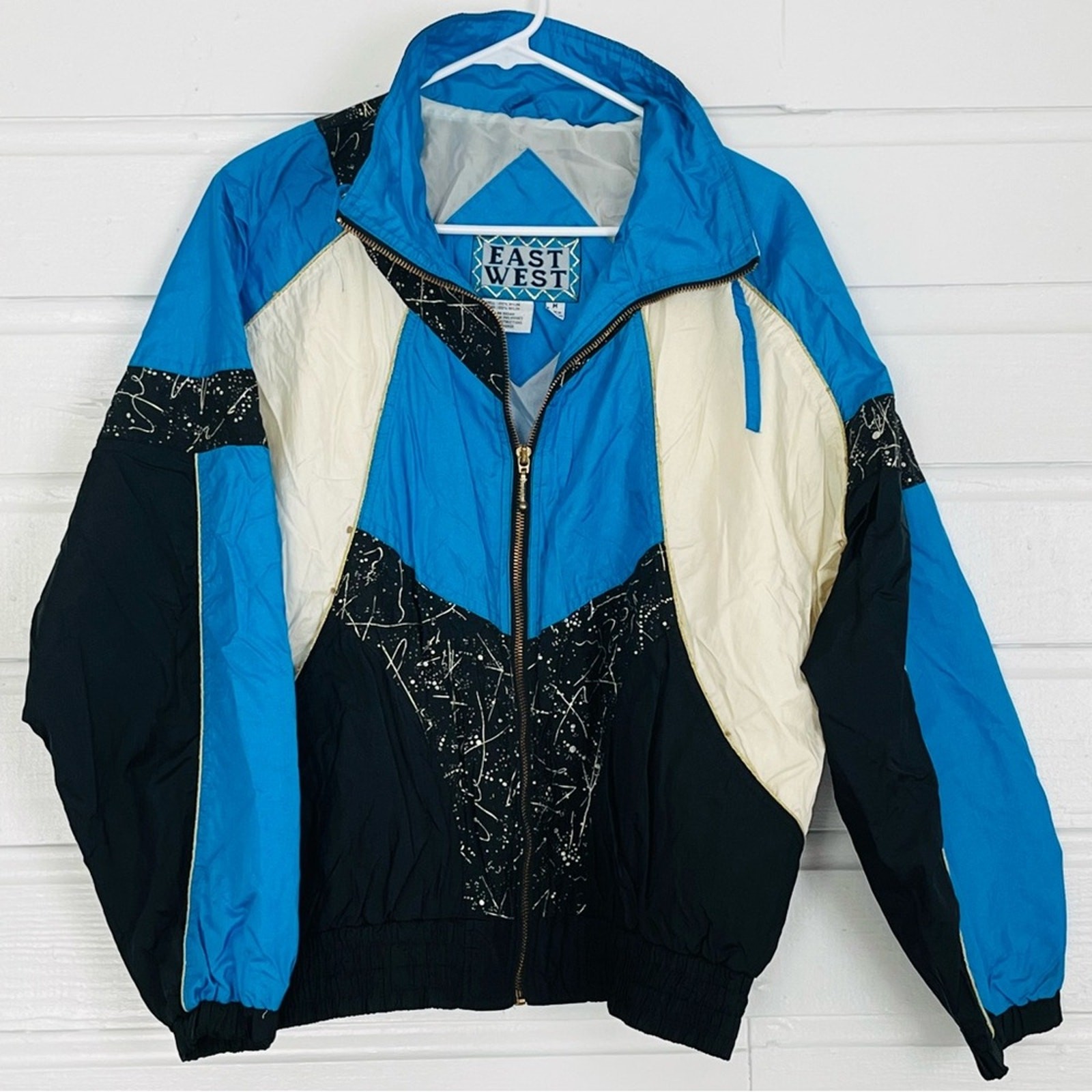 Vintage 90s Windbreaker Jacket Wacky Abstract Electric Blue Gold Black Splatter