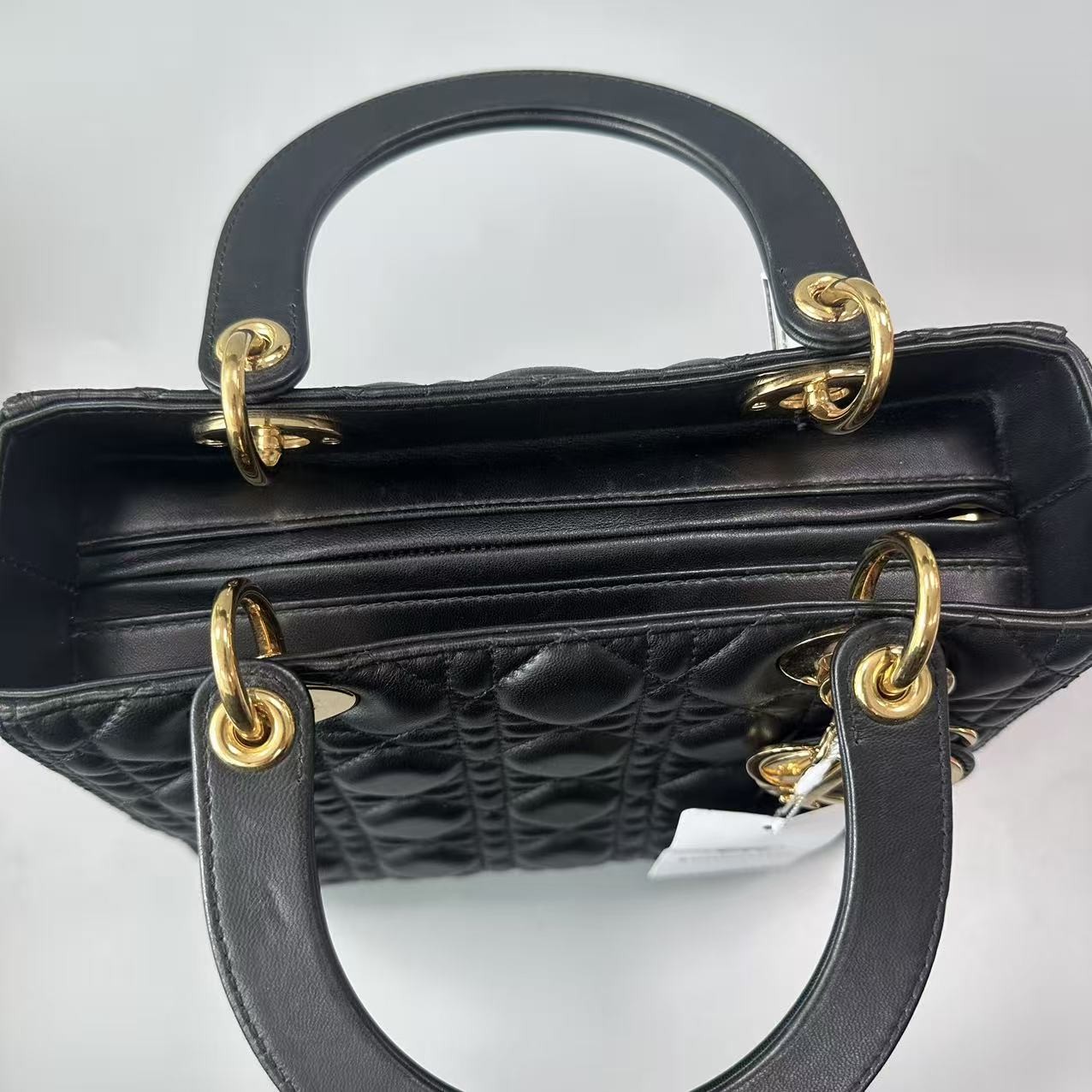 Auth Christian Dior Lady Dior Medium Black Lambskin Gold Hardware Handbag