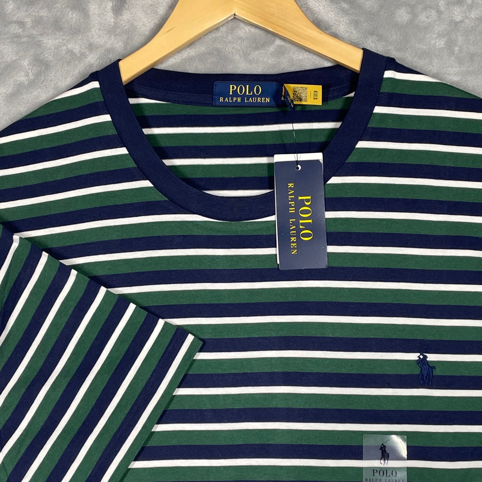 Polo Ralph Lauren Mens Striped Crewneck T-Shirt Pine Green Navy Blue 2LT NWT