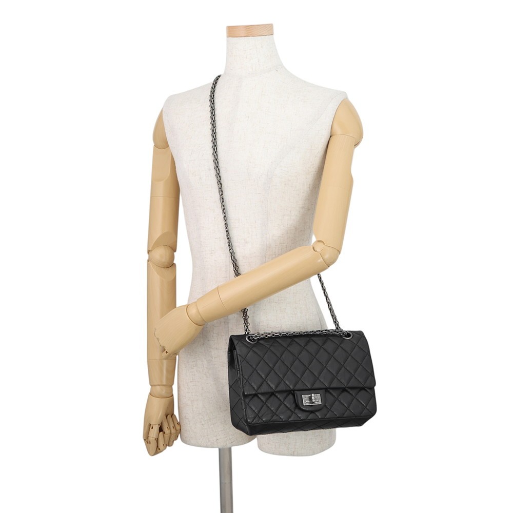 CHANEL 2.55 Double Flap Chain Shoulder Bag Size 24 Aged Calf Leather Black A…
