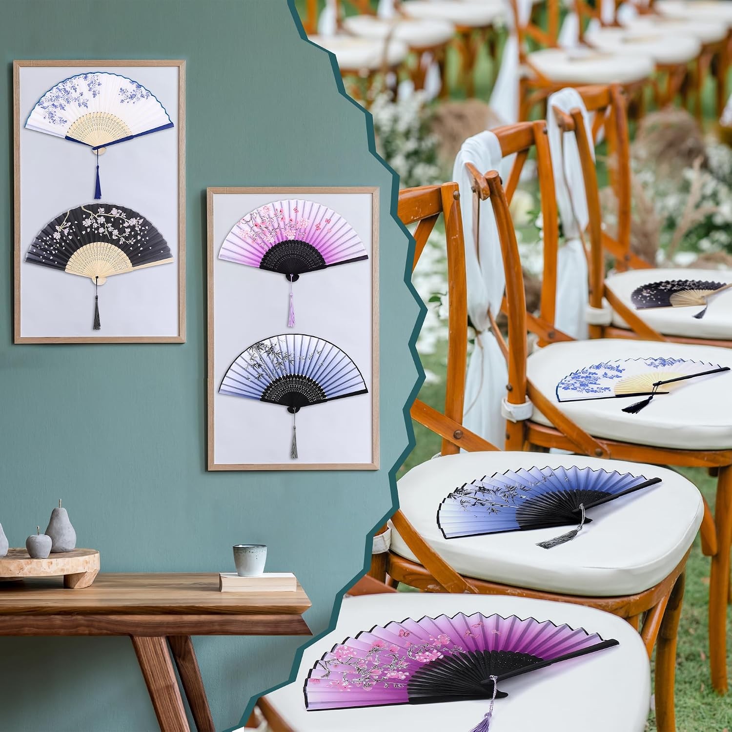 4 Pieces Folding Fans, Silk Fabric, Hand Holding Fans, Retro Style, Color D