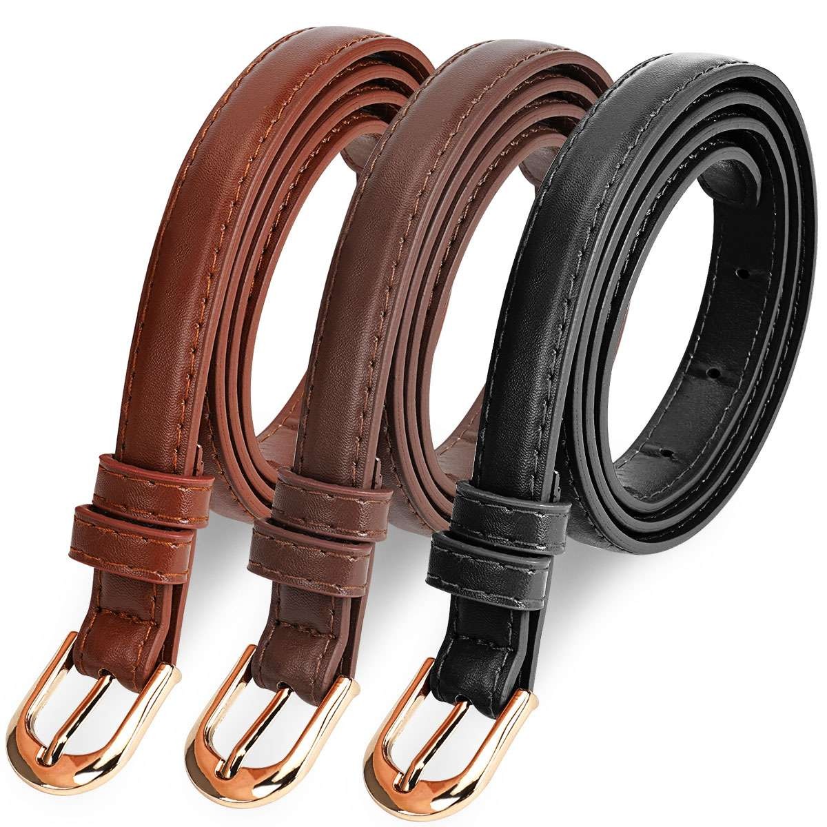 Women’s Leather Casual Dress Plain Solid Colors Belt Gold Buckle Ladies New