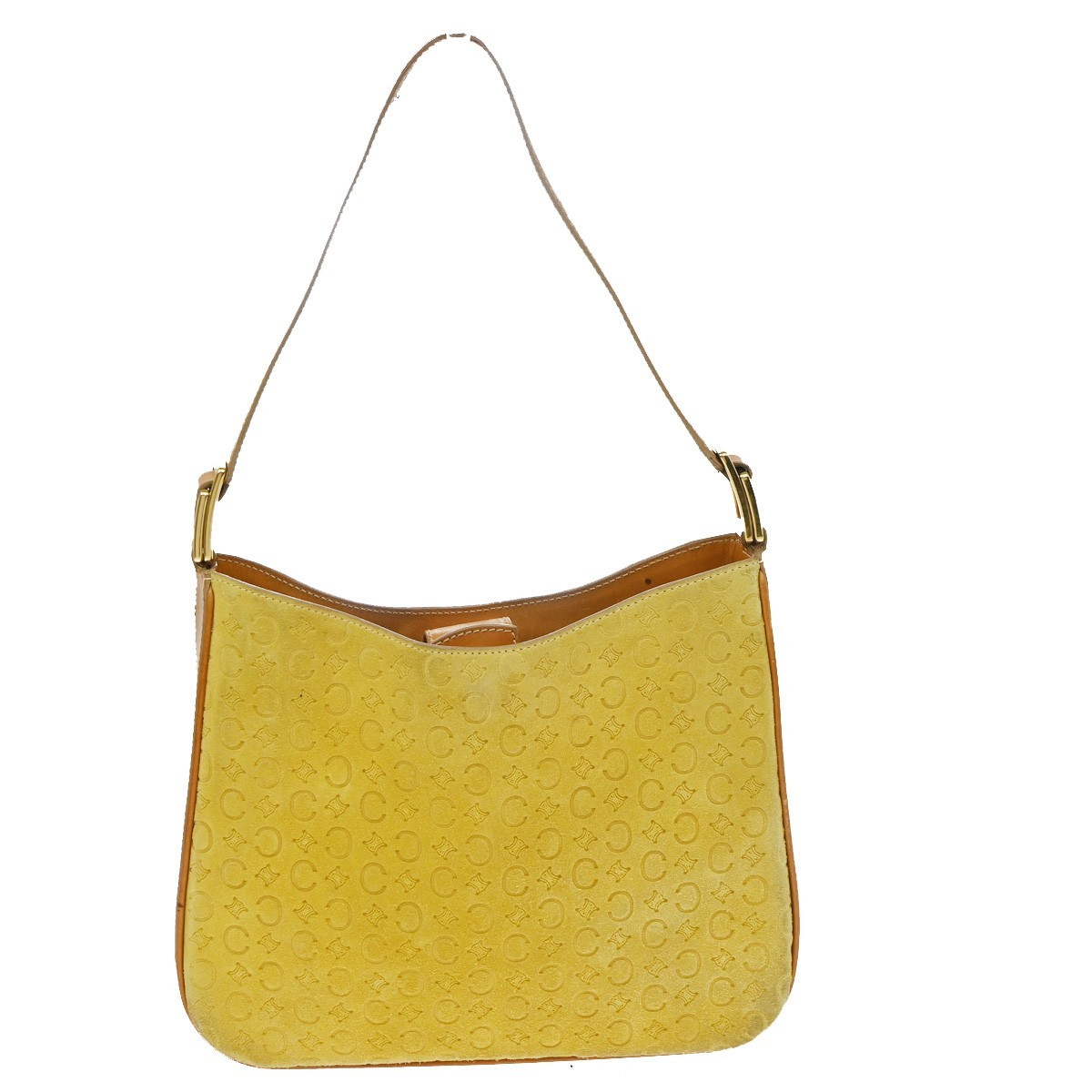CELINE Logo C Macadam Pattern Shoulder Bag Suede Leather Yellow GHW 38KD150