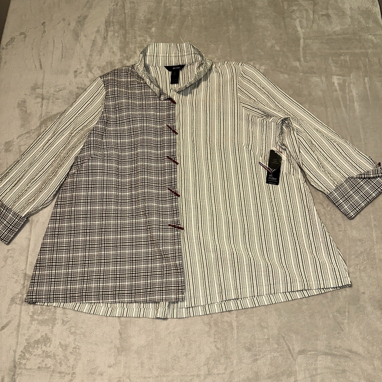 Ali Miles NWT Toggle Button Tunic Plus Size 1X Plaid Stripe Crinkle Wire Collar