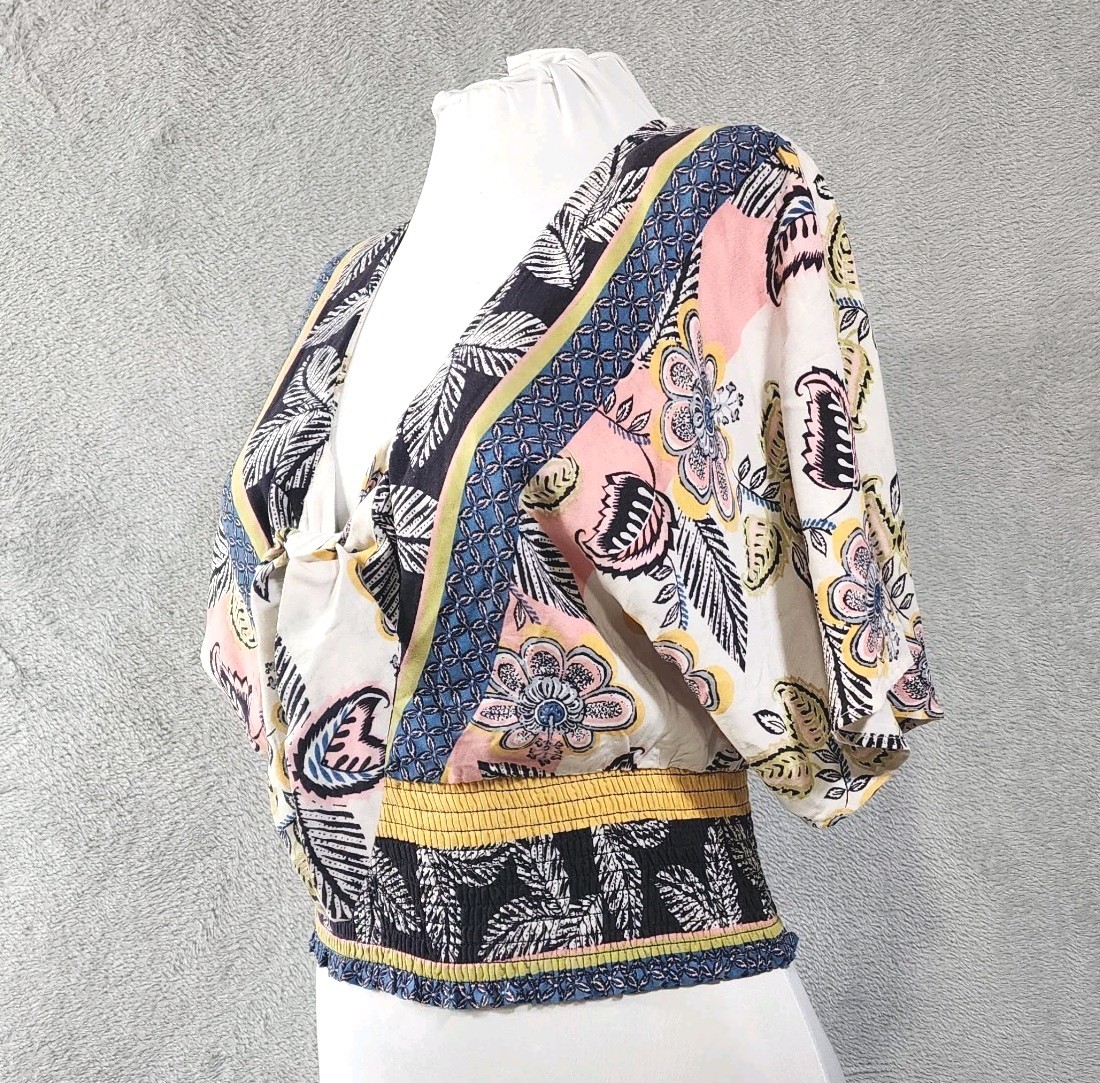 Angie Medium Boho Floral Paisley Tie Front Crop Top Smocked Waist Blouse New