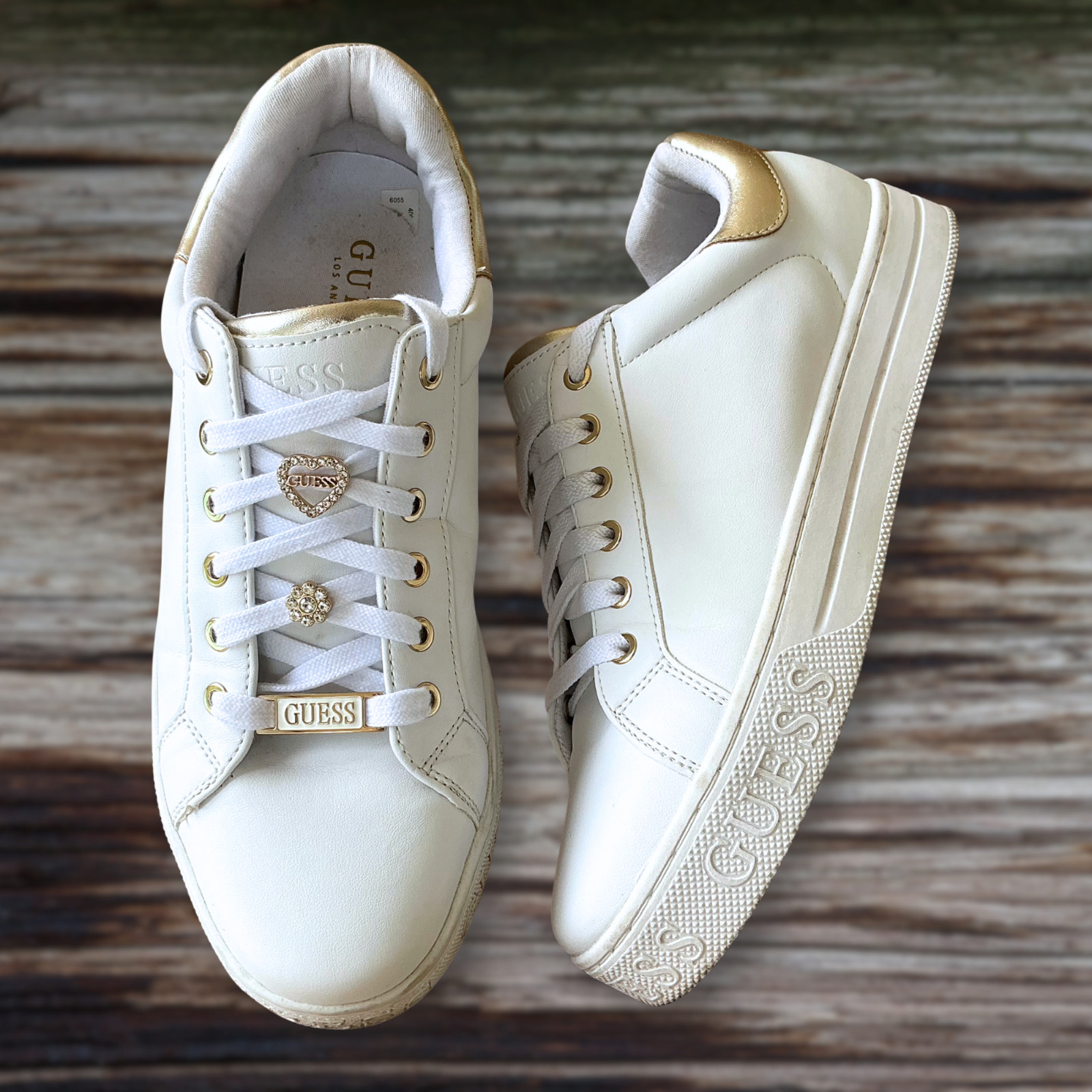 GUESS Women’s White Gold Lace-Up Sneakers Heart Rhinestone Logo Accents Designer