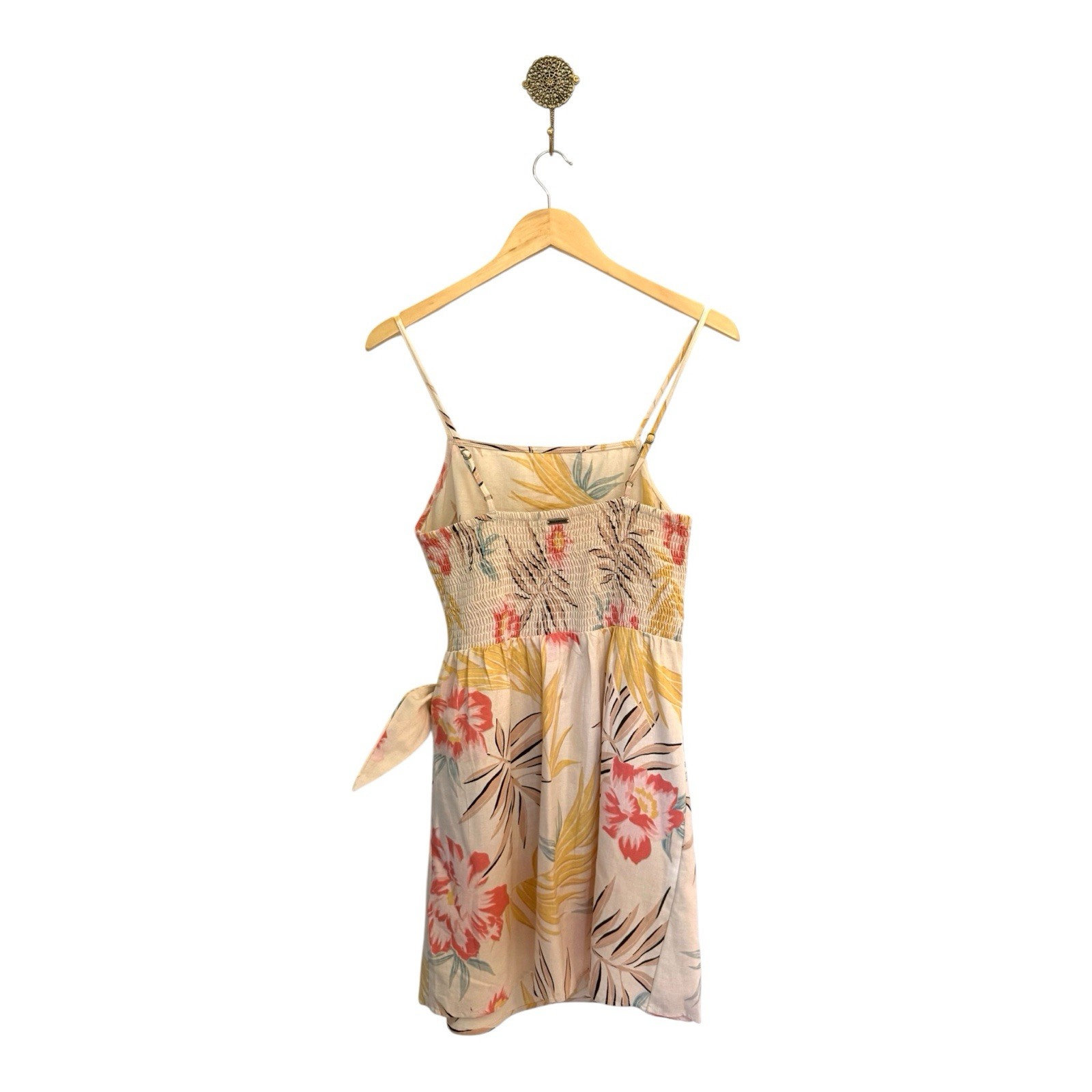 Billabong Ivory/Pink/Yellow Floral Wrap Mini Dress Square Neck Tie Waist M