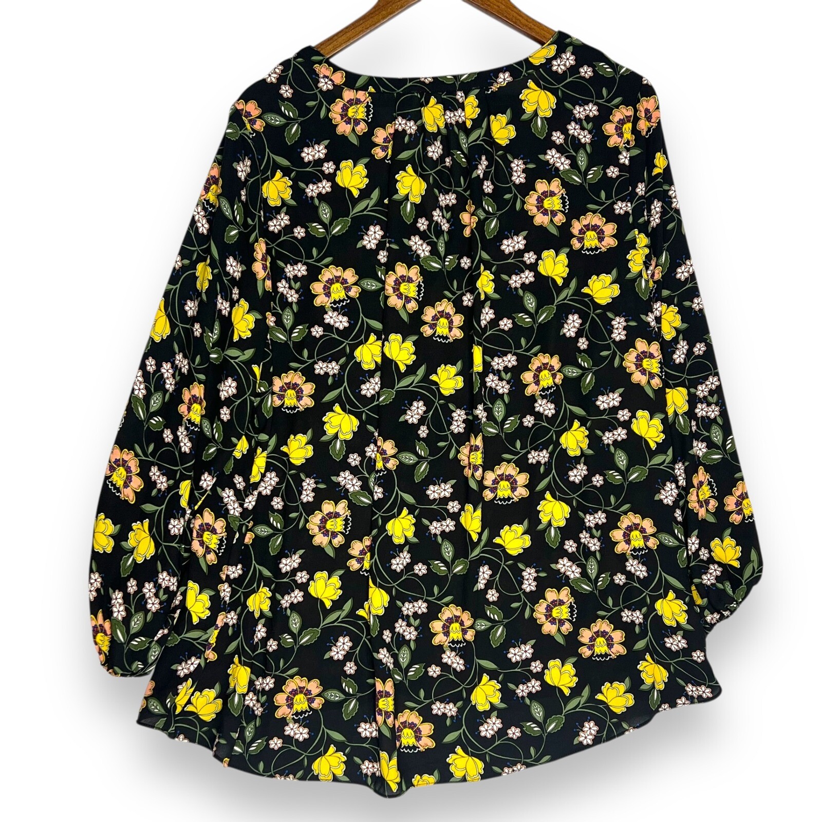 Chelsea & Theodore Floral Blouse Summer Split Neck Long Sleeve Black Yellow 1X