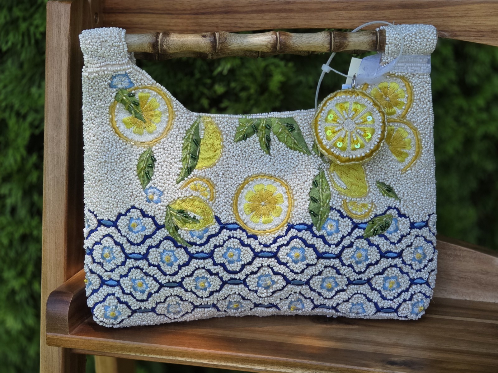Viral, Handcrafted In India Beaded bag, Lemon Design w/ Bamboo free dust bag