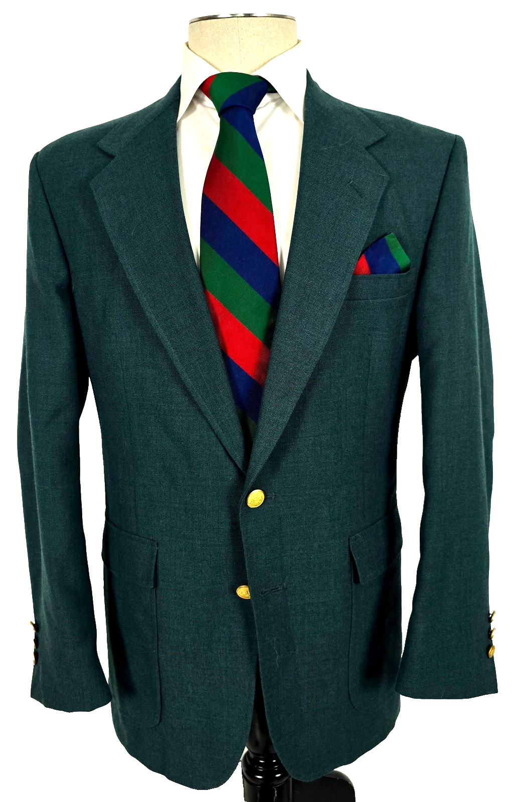 Vtg Stafford Worsted Wool & Polyester Hopsack Blazer Green, Gold Buttons 40 USA