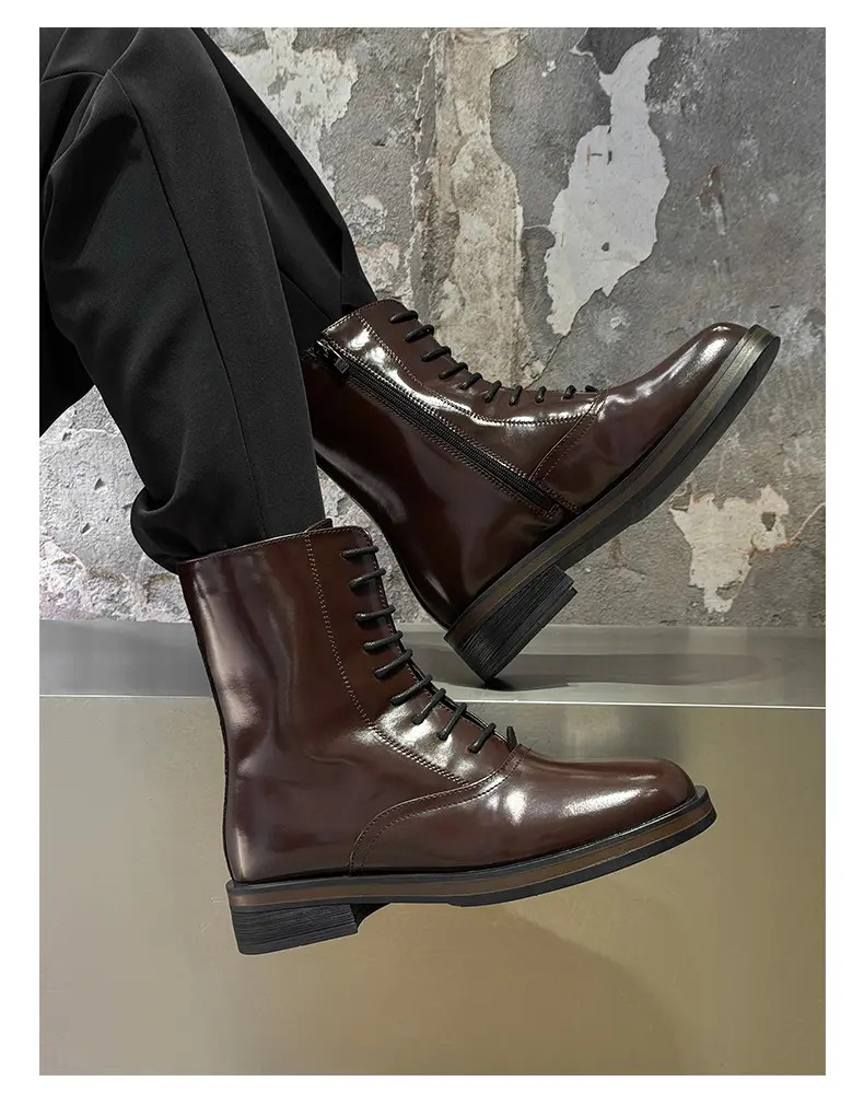 British Mid Calf Boots Men’s Lace Up High Top Business Leather Motorcycle Shoes