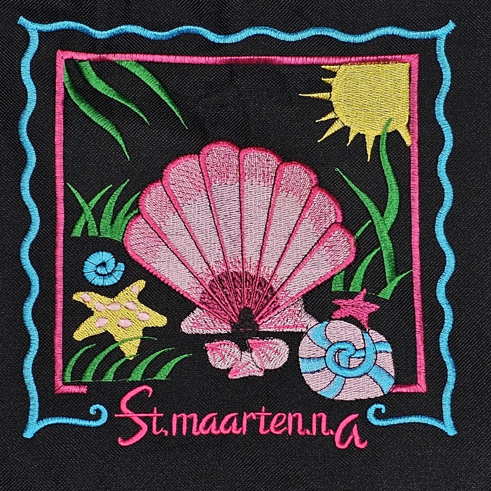 St. Maarten N.A. Beach Black Embroidered Tote Bag Zipper Closure Sea Clam Ocean