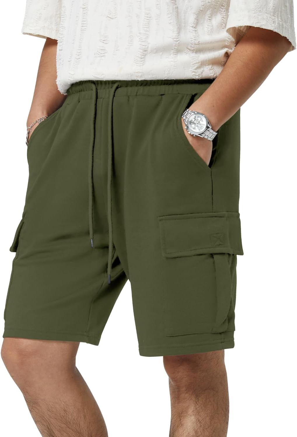Mens 5 Pocket Athletic Cotton Shorts Drawstring Elastic Waist Workout Gym Cargo