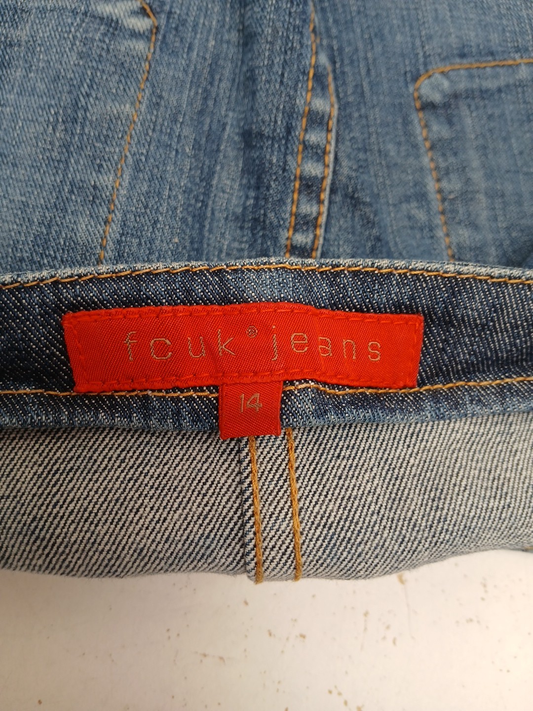 French Connection FCUK Denim Mini Skirt UK 14 Metal Logo Tag Zip and Hook Close.